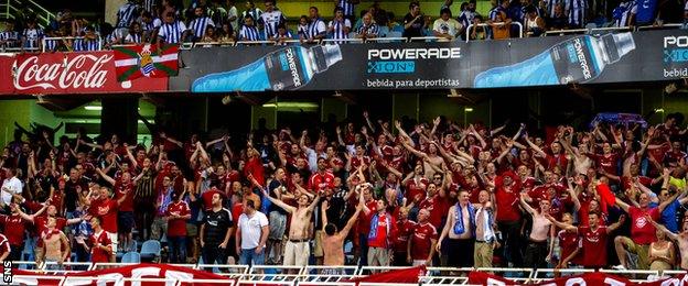 The Aberdeen fans remained in good voice in San Sebastian despite going down 2-0.