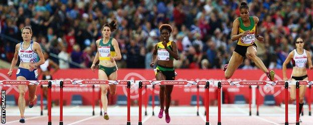 Scotland's Eilidh Child is beaten by Kaliese Spencer of Jamaica