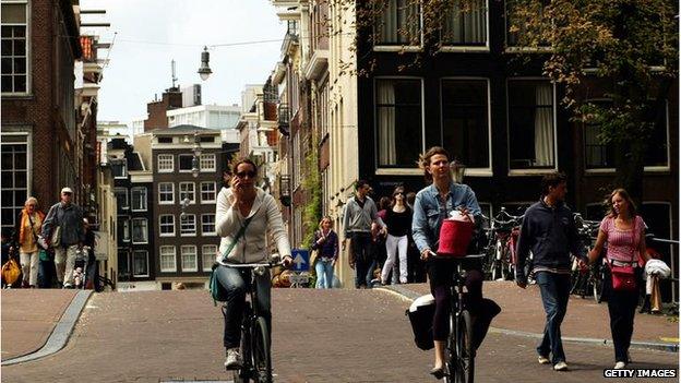 Two cyclists in Amsterdam