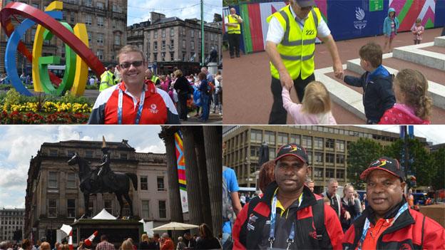 Clydesider Alastair MacDonald, dancing security guard, Duke of Wellington with gold traffic cone and members of Papa New Guinea medical team