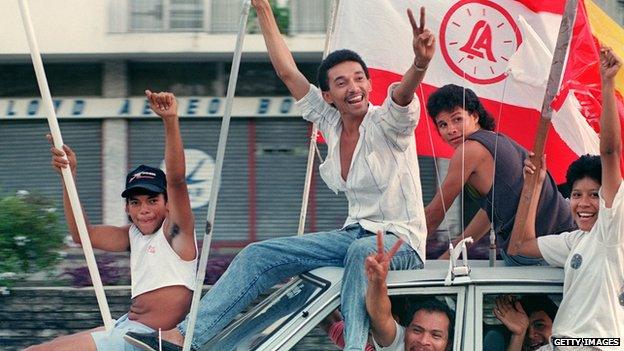 Panamanians celebrate the news that Manuel Norieg's rule has ended