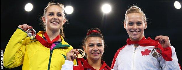 L-R Lauren Mitchell (Aus), Claudia Fragapane (Eng) and Ellie Black (Can)