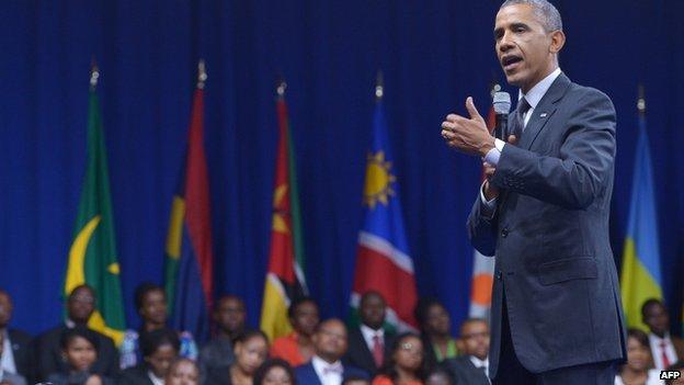 US President Barack Obama speaks during a town hall meeting at the Summit of the Washington Fellowship for the Young African Leaders Initiative (Yali) in Washington DC on 28 July 2014