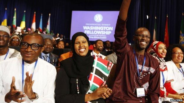 Participants cheer as US President Barack Obama participates at the Summit of the Washington Fellowship for Young African Leaders at the Omni Shoreham Hotel in Washington, 28 July 2014