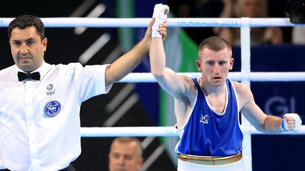 Paddy Barnes is declared the winner after the light-flyweight final in Glasgow