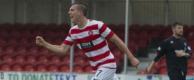 Louis Longridge celebrates after scoring for Hamilton Academical against Arbroath