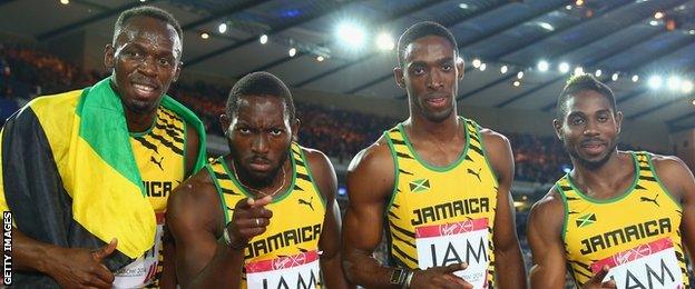 Usain Bolt, Jason Livermore, Kemar Bailey-Cole and Nickel Ashmeade of Jamaica