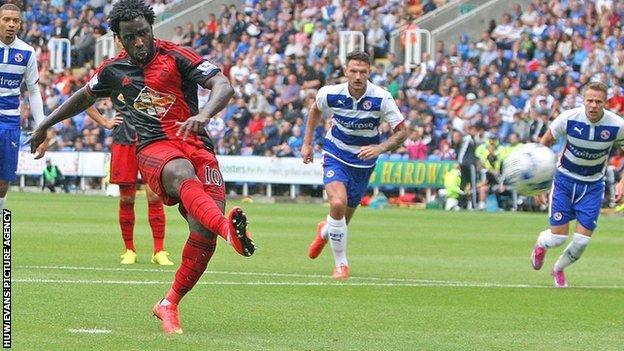 Wilfried Bony fires a penalty against the bar for Swansea City at Reading