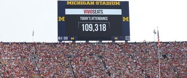 The scoreboard showing the US record crowd of 109,318 in Michigan