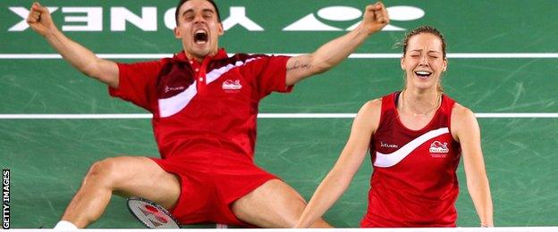 Gabby and Chris Adcock celebrate in Glasgow