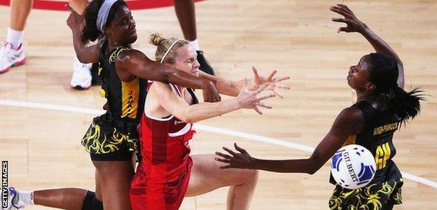 Jo Harten takes on the Jamaica defence