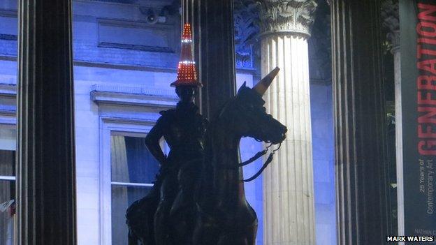 Duke of Wellington statue with light-up cone