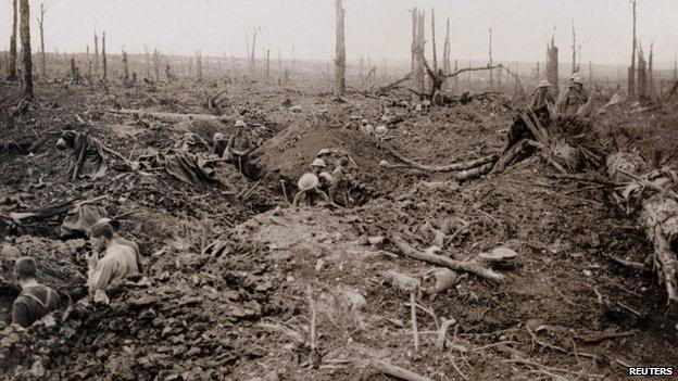 British troops in trenches on a battlefield of the Somme in 1916