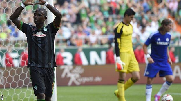 Werder Bremen's Eljero Elia celebrates after scoring against Chelsea.