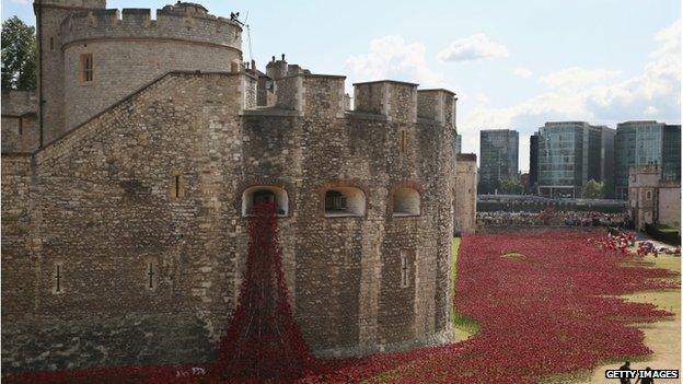 Poppies planted in the moat at the Tower of London