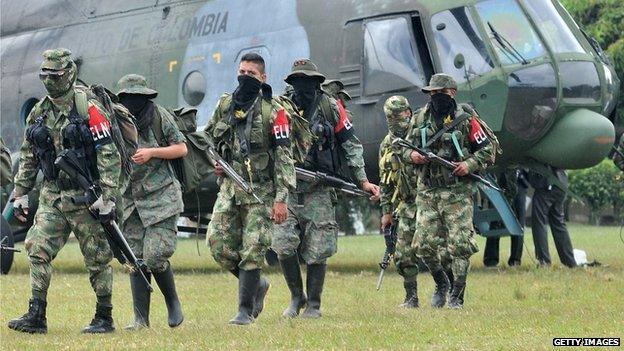 Demobilised members of the ELN (National Liberation Army) arrive in Cali, Colombia on 16 July, 2013.