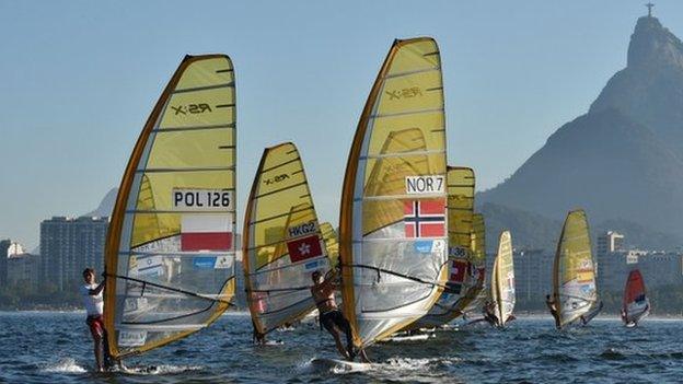 Test regatta for Rio Olympics in Guanabara Bay with the Christ the Redeemer statue in the background