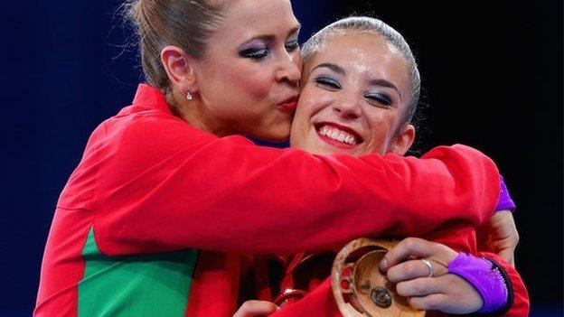 Gymnasts Frankie Jones and Laura Halford celebrating