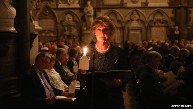 Actress Penelope Keith looks on after she delivers a speech during a candlelight vigil at Westminster Abbey