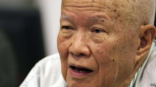 This photo taken and released by the Extraordinary Chamber in the Courts of Cambodia, shows former Khmer Rouge leader head of state Khieu Samphan sitting in in the courtroom in Phnom Penh on 30 July, 2014