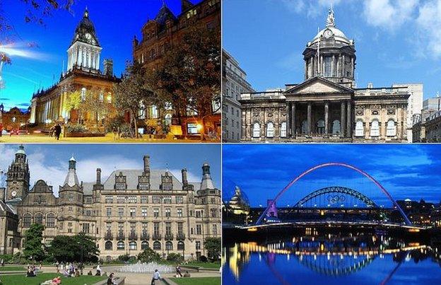 Leeds, Liverpool. Newcastle, Sheffield (going clockwise from top left)