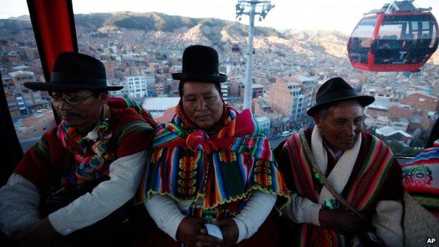 Passengers inside the cable-car that links the city centre of La Paz with its neighbour El Alto, Bolivia, on 2 June 2014