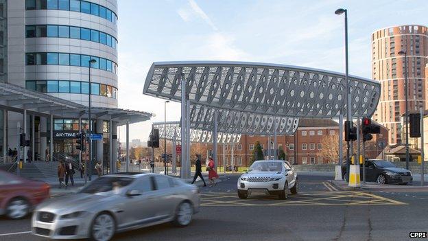 Artists' impression of the screens to block high winds around Bridgewater Place