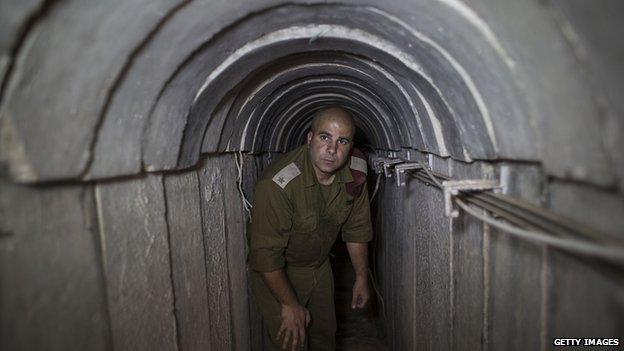 Israeli soldier seen inside a tunnel built underground by Hamas militants leading from the Gaza Strip into Southern Israel