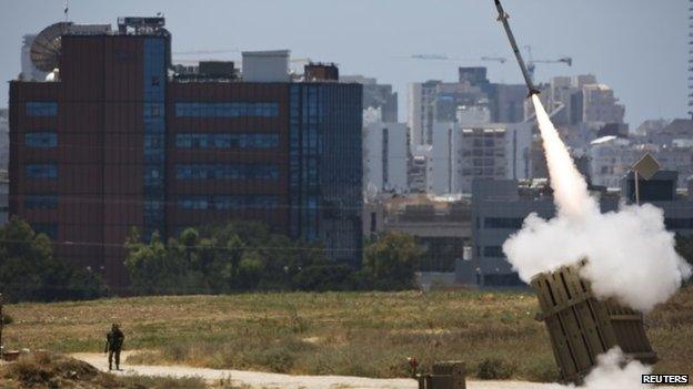 An Iron Dome launcher in action in the southern Israeli city of Ashdod, 11 July 2014