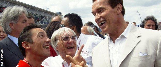 Frankie Detorri, Bernie Ecclestone and Arnold Schwarzenegger