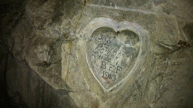 Inscriptions beneath the church at Bouzincourt. 5 Aug 2014