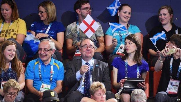 First Minister Alex Salmond watches the diving at the Royal Commonwealth Pool in Edinburgh