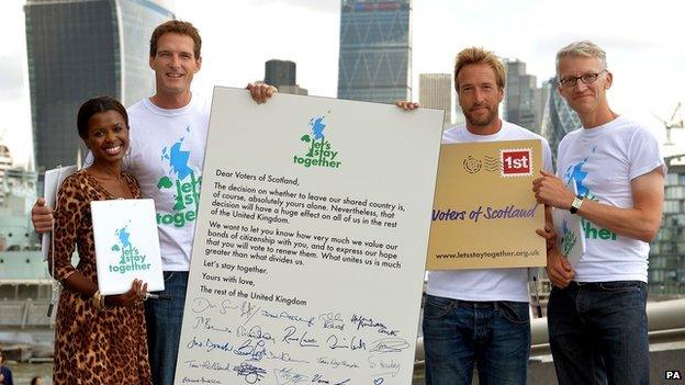 June Sarpong, Dan Snow, Ben Fogle and Tom Holland in central London with their giant Letter to Scotland