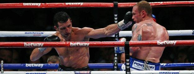 Carl Froch (left) and George Groves during their WBA and IBF Super Middleweight World Championship title fight in London in May