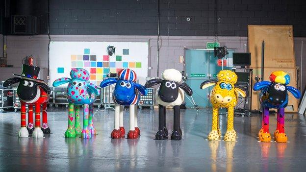 Six customised Shaun sculptures