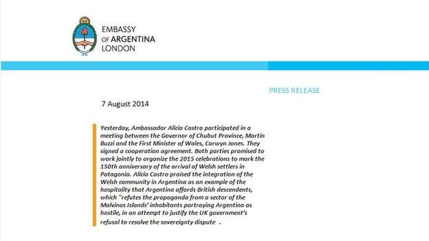 The press release issued by the Argentine embassy