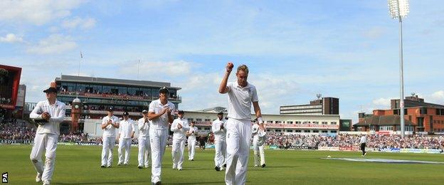 England's Stuart Broad celebrates