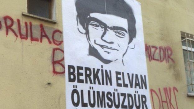 Poster of Berkin Elvan, who died in protests in June 2013 (photo taken 7 August 2014)