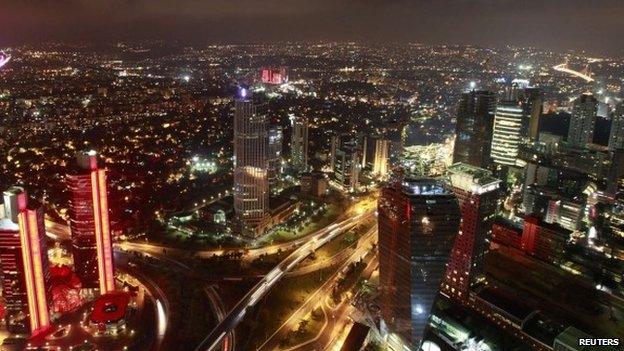 Nighttime aerial view (cityscape) of Istanbul's financial district, the Levent, seen from the Sapphire Tower on 29 August 2013.