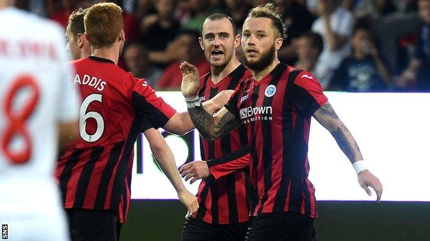 St Johnstone's Stevie May celebrates his goal against Trnava