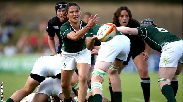 Tania Rosser of Ireland releases the ball during the IRB Women's Rugby World Cup Pool B match between New Zealand and Ireland at the World Cup.