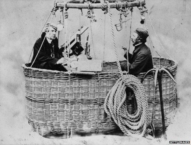 James Glaisher and English aviator Henry Tracey Coxwell in the basket of a hot air balloon