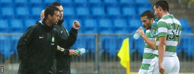 Celtic manager Ronny Deila speaks to his players during pre-season.