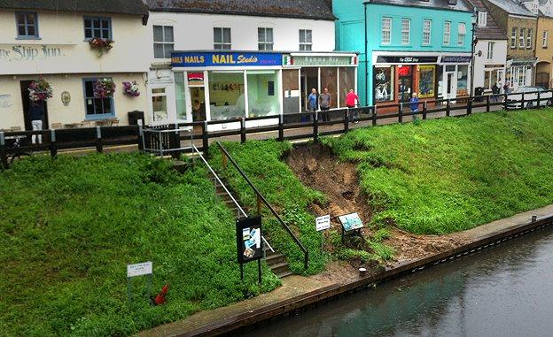 Subsidence along the bank of the River Nene in March