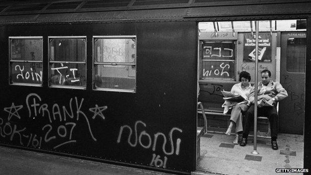 A couple in a New York subway carriage in 1972