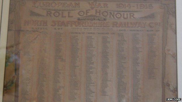 Jeff Cope's roll of honour showing the names of the railway workers that died