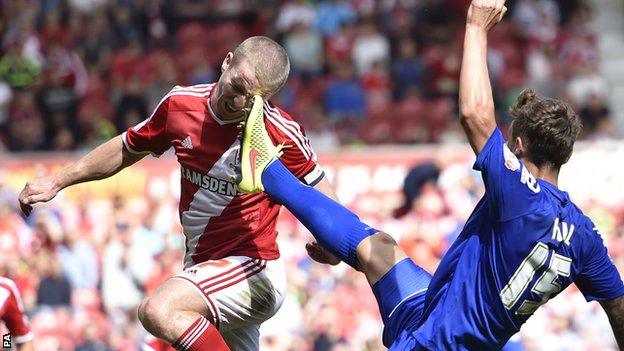 Middlesbrough's Grant Leadbitter and Birmingham's Grant Hill challenge for the ball