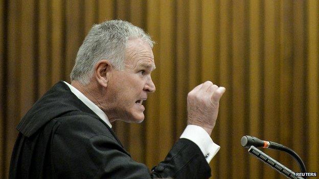 Defence lawyer Barry Roux makes a point during closing arguments in the murder trial of South African Olympic and Paralympic sprinter Oscar Pistorius in the North Gauteng High Court in Pretoria August 8