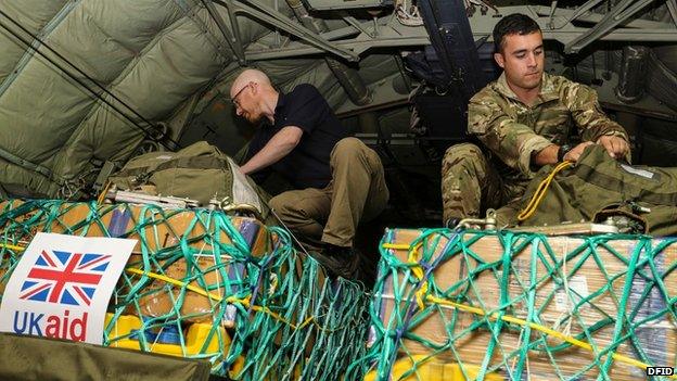 RAF Hercules being loaded with supplies at RAF Brize Norton