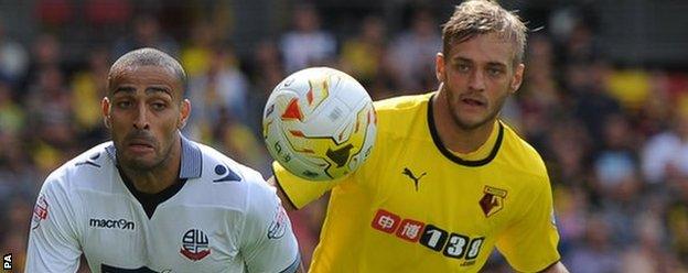 Watford's Joe Ekstrand and Bolton Wanderers' Darren Pratley